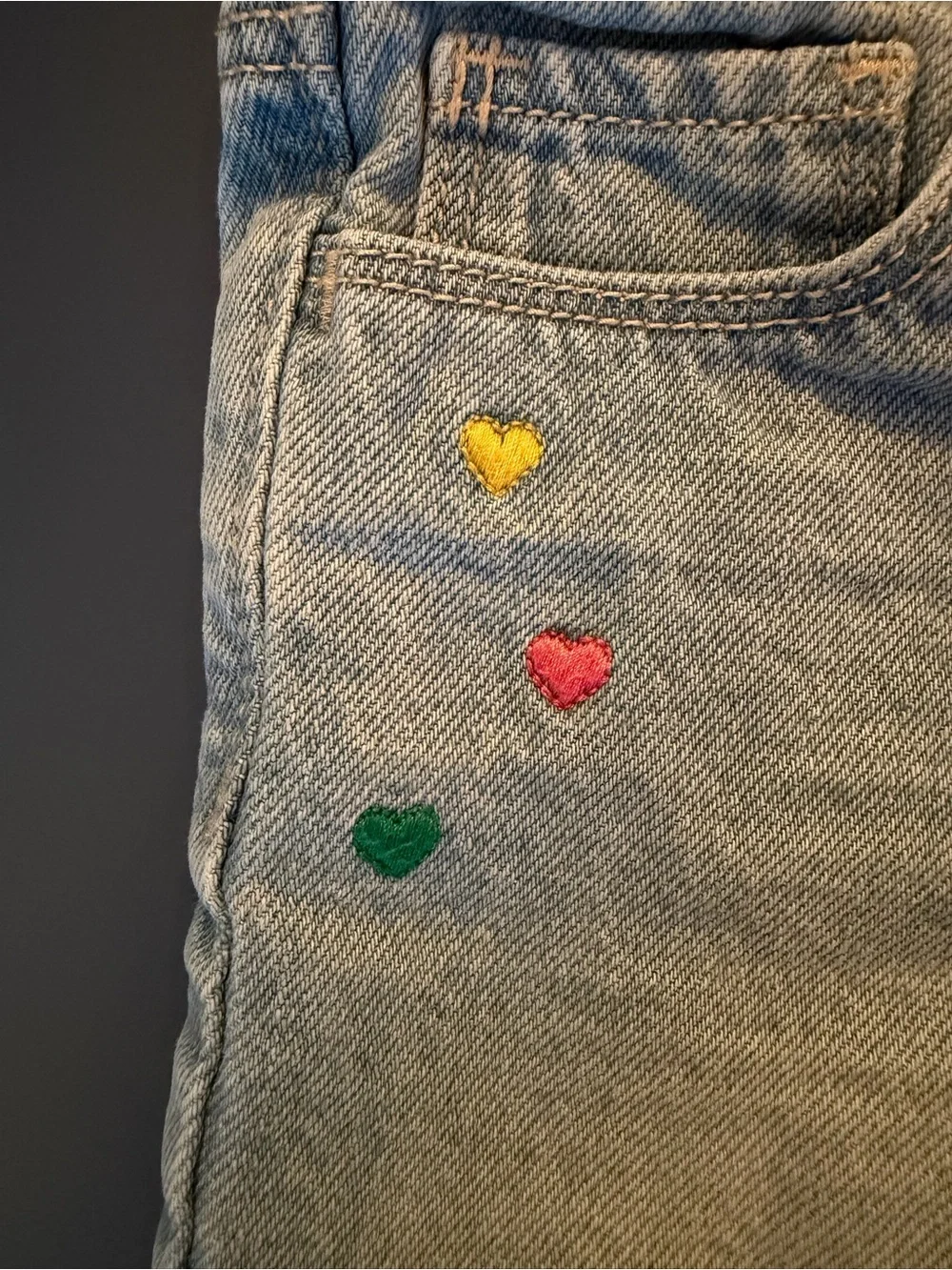 Old Navy Light Blue Denim Shorts with Colorful Heart & LOVE Embroidery 4T